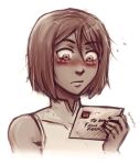  1girl avatar:_the_last_airbender blush card embarrassed english holding holding_card iahfy korra lowres monochrome postcard postcard_(object) tagme the_legend_of_korra 