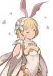  1girl ;) animal_ears arm_up blonde_hair breasts brown_eyes cape cleavage djeeta_(granblue_fantasy) fake_animal_ears granblue_fantasy hairband hanarito looking_at_viewer one_eye_closed rabbit_ears sage_(granblue_fantasy) smile solo wrist_cuffs 