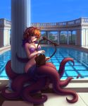  1girl absurdres ahoge bare_shoulders blue_eyes breasts brown_hair cleavage harp highres instrument light_smile monorus monster_girl monster_girl_encyclopedia pillar playing_instrument pointy_ears pool redhead scylla scylla_(monster_girl_encyclopedia) short_hair solo source_request tattoo tentacles water wavy_hair 