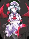  1girl ascot bat_wings blaze_(artist) blue_hair bow brooch crossed_legs hat hat_bow highres jewelry mob_cap one_eye_closed red_eyes remilia_scarlet sitting solo touhou wings 