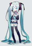  1girl absurdly_long_hair aqua_eyes aqua_hair asp@juken boots detached_sleeves full_body hatsune_miku headset long_hair necktie open_mouth skirt solo steepled_fingers thigh-highs thigh_boots twintails uneven_eyes very_long_hair vocaloid 