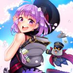  1girl :d alcoholrang backpack bag beret book cherry_blossoms fate/grand_order fate_(series) hat helena_blavatsky_(fate/grand_order) open_mouth purple_hair smile solo teeth violet_eyes 