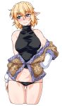  1girl arm_warmers bare_shoulders black_panties blonde_hair blush breasts cowboy_shot green_eyes hand_on_hip highres japanese_clothes looking_away mizuhashi_parsee nose_blush ootsuki_wataru open_clothes panties pointy_ears scarf short_hair solo touhou turtleneck underwear white_background 