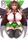  1girl ? black_wings blush bow brown_hair cape double_v hair_bow heart highres long_hair open_mouth redhead reiuji_utsuho rindou_(p41neko) seiza sitting solo spoken_question_mark touhou v very_long_hair wings 