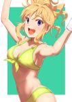  1girl :d armpits arms_up bare_shoulders bikini blonde_hair blush border breasts cleavage collarbone cowboy_shot eyelashes front-tie_bikini front-tie_top gloves green_background green_bikini green_ribbon idolmaster idolmaster_cinderella_girls long_hair looking_at_viewer midriff navel ootsuki_yui open_mouth pettan_p ribbon round_teeth short_hair side_ponytail simple_background smile solo stomach sweat sweatdrop swimsuit teeth tsurime violet_eyes white_border white_gloves 