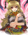 1girl bangs between_breasts black_dress blonde_hair breasts chinese_clothes dress energy eyebrows eyebrows_visible_through_hair hat junko_(touhou) large_breasts long_hair looking_at_viewer open_mouth red_eyes sash smile solo tabard touhou umigarasu_(kitsune1963) upper_body wide_sleeves 