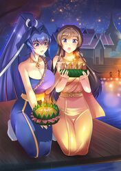  2girls alternate_costume bare_shoulders blush breasts candle cleavage haganef highres indian_clothes jewelry kneeling large_breasts long_hair mitsurugi_meiya multiple_girls muvluv necklace night night_sky open_mouth river sari sash sky smile stairs star_(sky) starry_sky takamura_yui 