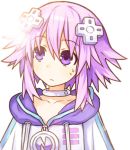  1girl choker d-pad hair_ornament highres hood hoodie lens_flare neptune_(choujigen_game_neptune) neptune_(series) purple_hair short_hair sweat violet_eyes 