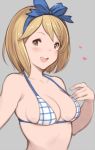  1girl :d bikini blonde_hair bow breasts brown_eyes cleavage collarbone djeeta_(granblue_fantasy) granblue_fantasy hair_bow hanarito heart looking_at_viewer open_mouth ribbon short_hair smile solo swimsuit 
