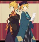  2boys :d ahoge akiyoshi_(tama-pete) alternate_costume bangs blue_eyes border checkered closed_mouth dual_persona eyebrows eyebrows_visible_through_hair gloves hair_ribbon hakama haori hat holding_paper japanese_clothes kagamine_len long_sleeves looking_at_viewer male_focus multiple_boys open_mouth paper pom_pom_(clothes) ponytail ribbon shawl smile striped striped_background tassel vocaloid white_gloves wide_sleeves 