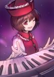  1girl ainy77 brown_hair instrument keyboard_(instrument) long_sleeves looking_at_viewer lyrica_prismriver one_eye_closed open_mouth playing_instrument purple_background red_eyes short_hair simple_background sketch smile solo touhou 