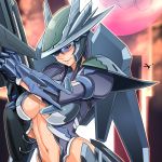  1girl armor blue_hair bracer breasts earth_defense_force_2025 fushisha_o green_eyes gun headgear helmet highleg large_breasts long_hair looking_at_viewer mechanical_wings navel pauldrons rifle sidelocks smile solo ufo under_boob upper_body visor weapon wings 