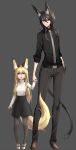  1boy 1girl :d age_difference animal_ears belt black_legwear black_skirt blush cat_ears cat_tail fox_ears fox_tail grey_necktie hand_in_pocket heart highres holding_hands long_hair long_sleeves looking_at_viewer necktie open_mouth original pantyhose sigm@ skirt smile tail turtleneck younger 