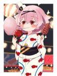  1girl animal_print aylwin_(azur_lane) azur_lane bangs blush_stickers breasts candy_apple commentary_request cotton_candy eating evening eyebrows_visible_through_hair fish_print food fried_squid hair_between_eyes hairband hat highres holding holding_food horoyuki_(gumizoku) japanese_clothes kimono lantern long_sleeves medium_hair obi outdoors paper_lantern pink_hair plump red_eyes sailor_hat sash sidelocks solo squid summer_festival wide_sleeves yukata 