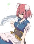  1girl blue_vest breasts coin cosplay double_bun ibaraki_kasen obi onozuka_komachi_(cosplay) oshouyu_tabetai red_eyes redhead sash scythe shirt short_hair short_sleeves simple_background skirt solo sweatdrop touhou vest white_background 