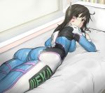  1girl ahem!_(artist) ass black_eyes black_hair bodysuit breasts d.va_(overwatch) facial_mark highres long_hair looking_at_viewer looking_back lying on_stomach overwatch sketch skin_tight solo thighs 