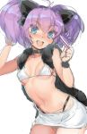  1girl :d black_panties blue_eyes blush breasts choker cleavage covered_nipples miniskirt naso4 open_mouth original panties pregnancy_test purple_hair simple_background skirt smile solo teeth thong twintails underwear white_background 