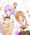  3girls :d ^_^ black_skirt bowl brown_dress brown_eyes brown_hair chopsticks closed_eyes dress droplet droplets eating flower food food_in_mouth hair_flower hair_ornament hairband horikawa_raiko long_sleeves looking_at_viewer meat misha_(hoongju) multiple_girls open_mouth purple_hair redhead short_hair skirt smile touhou tsukumo_benben tsukumo_yatsuhashi twintails violet_eyes white_coat white_skirt 