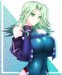  1girl bare_shoulders breasts collar cropped_jacket green_eyes green_hair haganef impossible_clothes lamia_loveless large_breasts leotard long_hair parted_lips solo super_robot_wars super_robot_wars_original_generation upper_body 