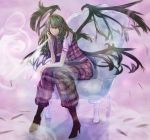  ascot boots chair frown green_hair hand_in_hair high_heel_boots high_heels highres kazami_yuuka kazami_yuuka_(pc-98) kikimifukuri knee_boots light_particles long_hair looking_at_viewer pants pink_background pink_eyes plaid plaid_pants plaid_vest red_pants red_vest shirt short_sleeves sitting smoke touhou touhou_(pc-98) white_shirt wings 