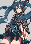  1girl 2016 character_name character_print from_below grin hatsune_miku headphones highres long_hair looking_at_viewer skirt smile solo twintails vocaloid yamada_kei 