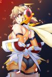  1girl ass bare_shoulders black_background bodysuit breasts brown_eyes brown_hair chestnut_mouth elbow_gloves embers from_behind gauntlets gloves glowing gradient gradient_background hair_ornament haru-same headgear headphones highres looking_back open_mouth orange_eyes red_background scarf senki_zesshou_symphogear short_hair skin_tight skirt solo standing tachibana_hibiki_(symphogear) 