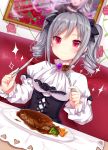  1girl amashiro_natsuki ascot bow brooch corset drill_hair dutch_angle flower food fork hair_bow highres idolmaster idolmaster_cinderella_girls jewelry juliet_sleeves kanzaki_ranko knife long_sleeves looking_at_viewer painting plate puffy_sleeves red_eyes red_rose rose shirt silver_hair skirt smile solo sparkle table twin_drills 