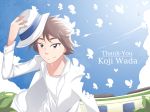  1boy blue_sky brown_eyes brown_hair butterfly clouds digimon digimon_adventure digimon_adventure_tri. eyebrows hand_on_headwear hat jacket jin_(lili_to_marigold) long_sleeves looking_at_viewer real_life shirt short_hair sky smile solo thick_eyebrows vehicle wada_kouji white_jacket white_shirt 