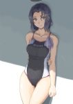  1girl brown_eyes competition_swimsuit highres kantai_collection mechanical_halo one-piece_swimsuit purple_hair short_hair smile solo swimsuit tatsuta_(kantai_collection) vent_arbre 