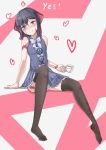  1girl :q absurdres bare_shoulders black_hair black_legwear blue_dress blue_eyes blush bow burn_scar cup dorei_to_no_seikatsu_~teaching_feeling~ dress hair_ornament hair_ribbon hairclip heart heart-shaped_pupils highres kira_(pixiv10023770) legs looking_at_viewer no_shoes ribbon scar sleeveless sleeveless_dress small_breasts solo sylvie_(dorei_to_no_seikatsu) symbol-shaped_pupils thigh-highs tongue tongue_out yes 