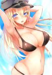  1girl armpits arms_up bikini bismarck_(kantai_collection) black_bikini blonde_hair blue_eyes breasts cleavage hair_between_eyes hat highres kantai_collection large_breasts long_hair looking_at_viewer navel open_mouth shiny shiny_clothes solo swimsuit tea_texiamato wet 