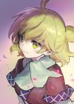  1girl :t ahoge ainy77 bangs blonde_hair capelet closed_mouth eyelashes from_above gradient gradient_background green_eyes hair_between_eyes half_updo looking_at_viewer mizuhashi_parsee motion_blur petals pointy_ears pout short_hair solo touhou upper_body 