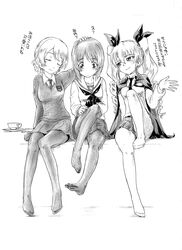  3girls anchovy artist_request blush cup darjeeling girls_und_panzer greyscale hair_ornament highres monochrome multiple_girls nishizumi_miho pantyhose ribbon school_uniform short_hair smile translation_request twintails 