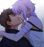  1boy 1girl bandages black_hair claudia_hortensia couple cross cross_necklace eyepatch fate/stay_night fate/zero fate_(series) hetero husband_and_wife jewelry kotomine_kirei necklace short_hair white_hair yellow_eyes zanshi 