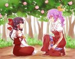  2girls ascot bow bracelet detached_sleeves dress food fruit hair_bow hair_tubes hakurei_reimu highres japanese_clothes jewelry kneeling miko multiple_girls o-ring peach ponytail profile puffy_short_sleeves puffy_sleeves short_sleeves sitting six_(fnrptal1010) sweat touhou tree watatsuki_no_yorihime 