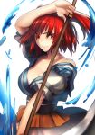  1girl arm_up belt breasts chirigami-san cleavage highres large_breasts looking_at_viewer onozuka_komachi red_eyes redhead sash scythe shirt skirt smile solo touhou two_side_up 