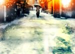  1girl blurry city depth_of_field holding lens_flare motoori_kosuzu road scarf snow snowing solo street touhou umbrella vanishing_point walking winter_clothes yoshioka_yoshiko 