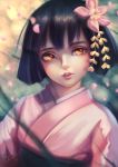  1girl axis_powers_hetalia bangs black_hair blurry bob_cut bokeh branch brown_eyes cherry_blossoms depth_of_field ecat eyelashes flower genderswap hair_flower hair_ornament head_tilt highres japan_(hetalia) japanese_clothes kanzashi looking_at_viewer obi orange_eyes petals pink_flower pink_lips sash short_hair signature solo upper_body 