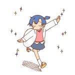  1girl arawi_keiichi blue_hair closed_eyes labcoat nakamura_kana nichijou official_art outstretched_arms sandals side_ponytail simple_background smile solo sparkle spread_arms white_background 