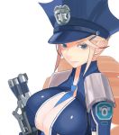  blue_eyes breasts gun gunslinger_stratos hat long_hair looking_at_viewer police_hat shoulder_pads smile tendoji_sarah weapon yuuki_(irodo_rhythm) 