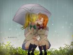  2girls ayase_eli blazer blonde_hair bow closed_eyes couple incipient_kiss jacket kousaka_honoka long_hair love_live!_school_idol_project mizukikushou multiple_girls one_side_up orange_hair outdoors ponytail rain school_uniform scrunchie shared_umbrella skirt squatting translated umbrella yuri 