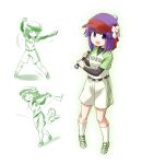  1girl baseball_bat baseball_mitt baseball_uniform belt flower hair_flower hair_ornament hieda_no_akyuu kousei_(public_planet) open_mouth purple_hair shirt short_over_long_sleeves shorts smile solo sportswear touhou violet_eyes 