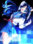  1girl asakura_ryouko blue_hair dagger long_hair nao_(doublexdutch) school_uniform serafuku suzumiya_haruhi_no_yuuutsu weapon 