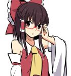  1girl adjusting_glasses ascot bare_shoulders bow brown_hair detached_sleeves dress glasses hair_bow hair_tubes hakurei_reimu leon_(mikiri_hassha) long_sleeves looking_at_viewer red-framed_glasses red_dress red_eyes solo touhou upper_body wide_sleeves 