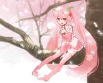  1girl boots cherry_blossoms detached_sleeves hatsune_miku in_tree long_hair necktie niboshi open_mouth pink_hair red_eyes sakura_miku sitting sitting_in_tree skirt solo thigh-highs thigh_boots tree twintails very_long_hair vocaloid 