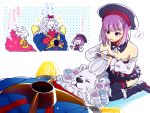 1girl 2boys beret bow comb detached_sleeves fate/grand_order fate_(series) hair_bow hairdressing hat helena_blavatsky_(fate/grand_order) lancer_of_red launcher_(fate/extra_ccc) light_bulb mane multiple_boys purple_hair shio_(040sio) sitting thigh-highs thomas_edison_(fate/grand_order) translation_request white_hair zettai_ryouiki 