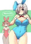  2girls animal_ears bare_legs bare_shoulders black_legwear blue_eyes bow bowtie breast_envy breasts brown_hair bunny_girl bunnysuit cleavage detached_collar fishnet_pantyhose fishnets flat_chest hair_ornament hair_over_one_eye hairclip hamakaze_(kantai_collection) kantai_collection leotard long_hair multiple_girls open_mouth pantyhose rabbit_ears ryuujou_(kantai_collection) shinshin short_hair silver_hair sweatdrop twintails wrist_cuffs 