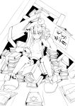  1girl annoyed book bookshelf crescent hat hexagram highres ku-ba lineart long_hair monochrome patchouli_knowledge shoes sitting solo spread_legs sweatdrop touhou 