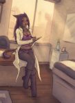  animal_ears boots breasts cleavage contemporary dark_skin desk final_fantasy final_fantasy_xiv flower indoors lipstick long_hair makeup miqo&#039;te office on_desk pantyhose pen picture_(object) red_eyes shorts sitting sitting_on_desk soranamae tail tower window 