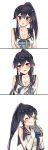  1girl black_hair blush breasts cleavage closed_eyes comic commentary gift happy ichinomiya_(blantte) kantai_collection long_hair looking_at_viewer open_mouth ponytail red_eyes silent_comic simple_background smile upper_body white_background yahagi_(kantai_collection) 